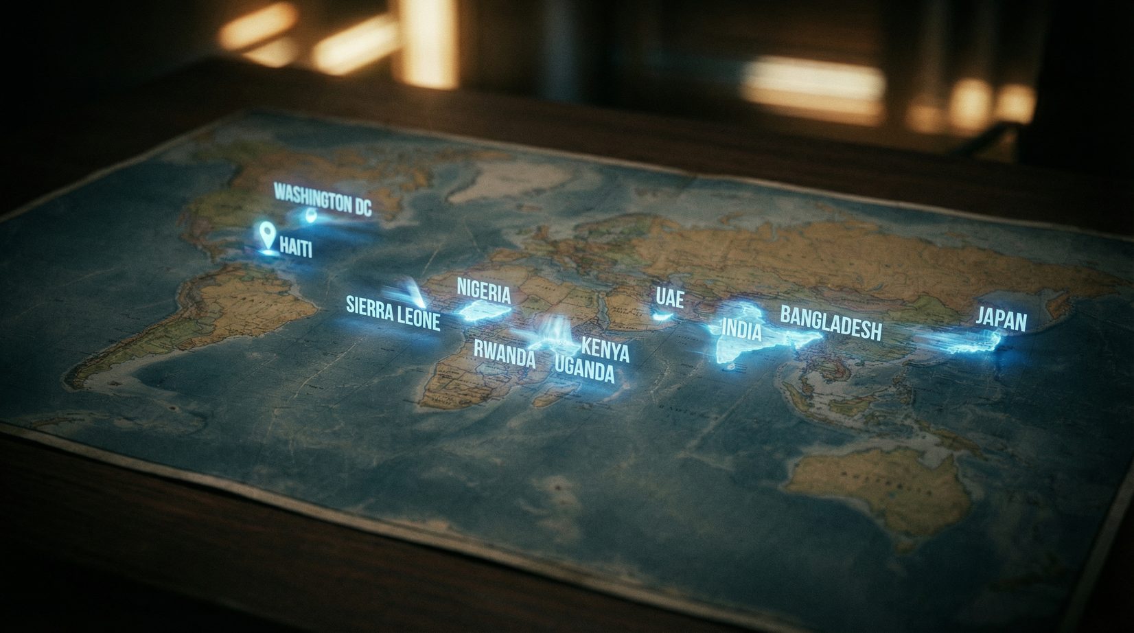 Map of filming locations: Washington DC, Haiti, Sierra Leone, Nigeria, Rwanda, Uganda, Kenya, UAE, India, Bangladesh, Japan